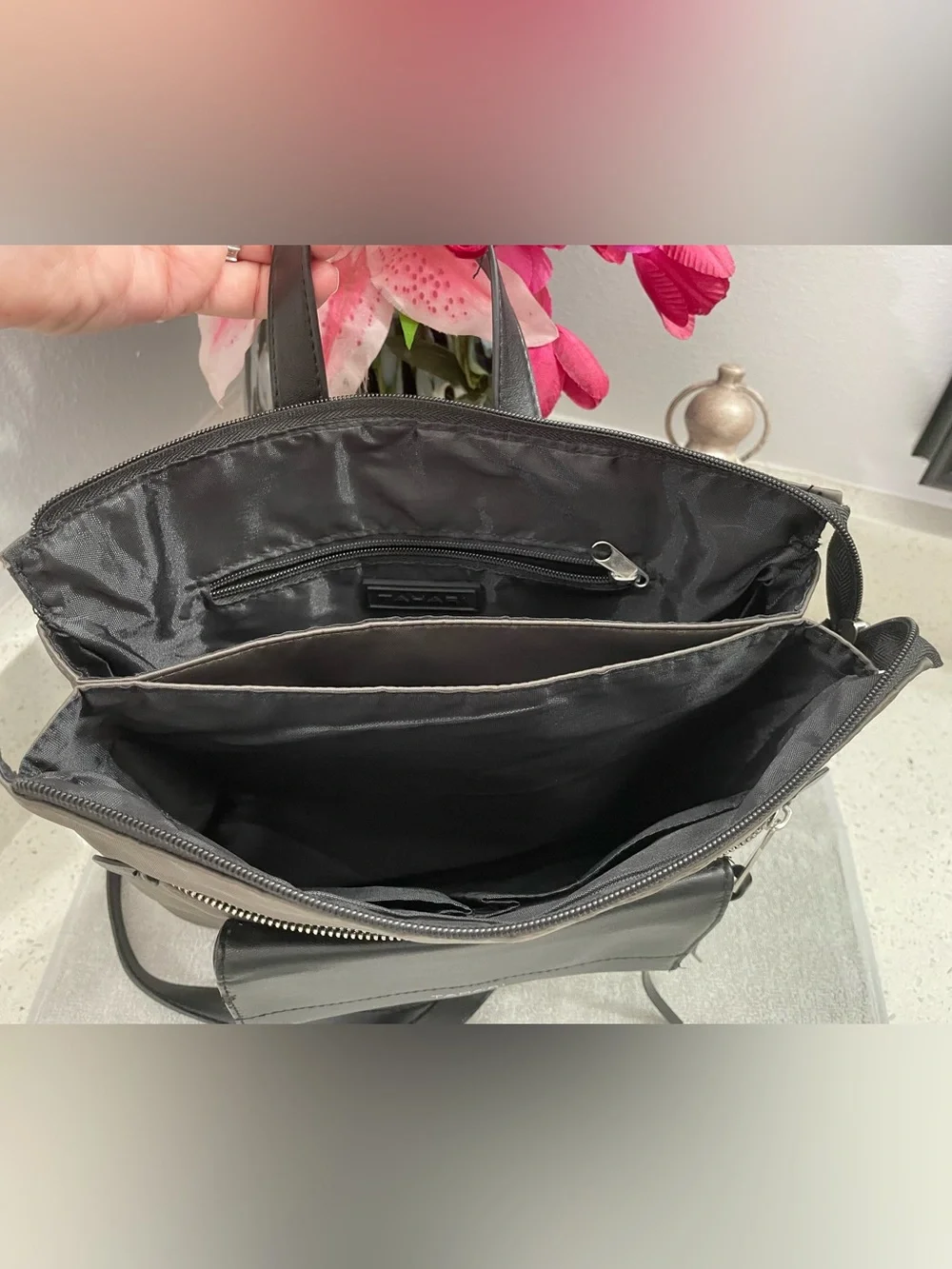 Tahari Taupe Nylon Backpack Tote with Black Leather Trim